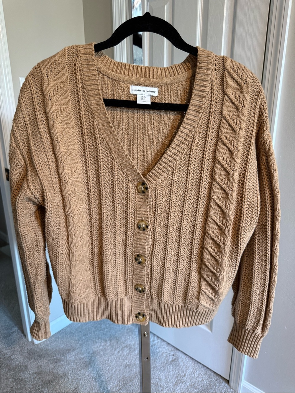 cupcakes & cashmere Camel Cable-Knit Button Cardigan